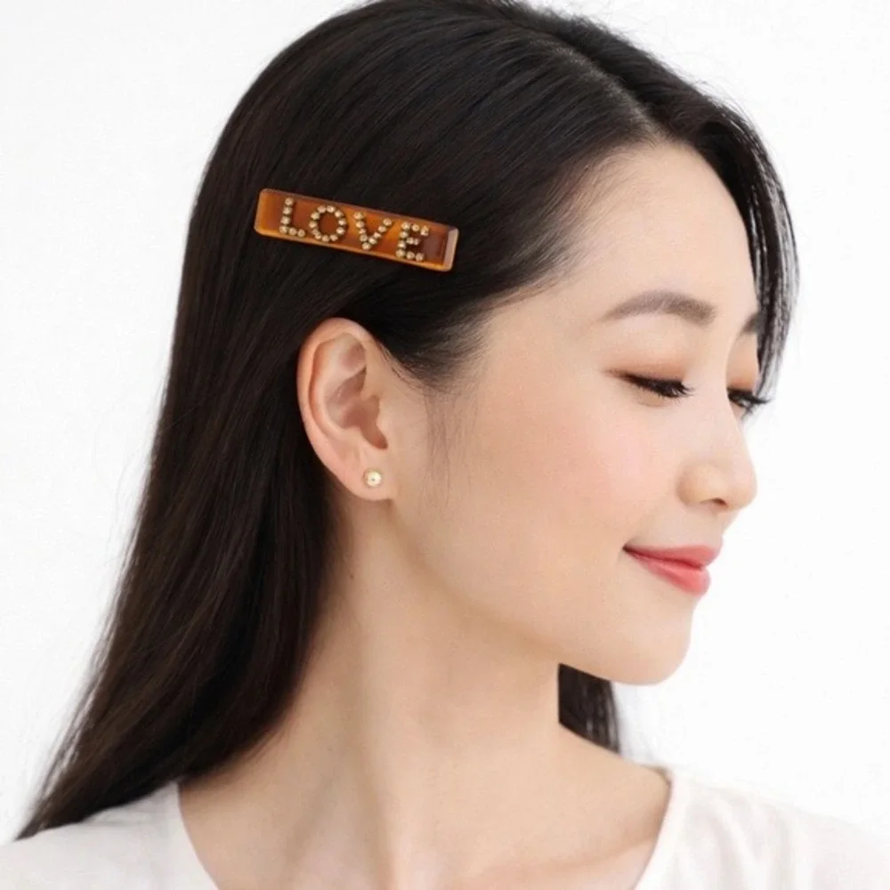 Vintage Amber Tortoiseshell LOVE Rhinestone Hair Barrette French Clip J-01‎